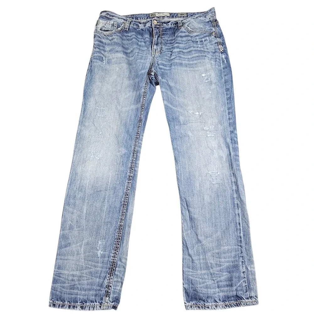 BKE Derek Straight Leg Jeans Mens Sz 40L Cotton Distressed‎ Blue Denim